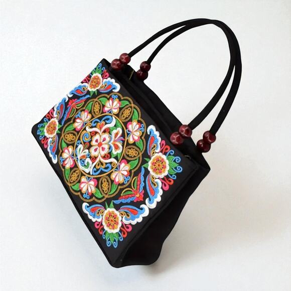 Floral Embroidered Ethnic Handbag Wood Bead Handles Boho - Picture 4 of 9